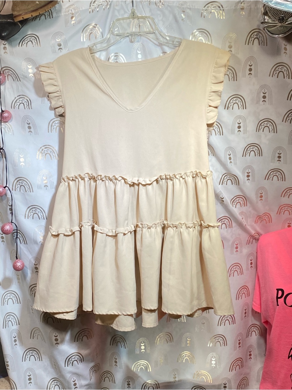 Cream Tiered Mini Dress with Ruffle Cap Sleeves